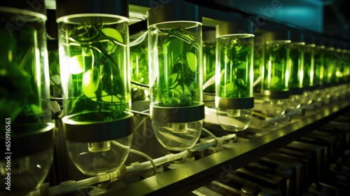 Detailed image of a continuousflow photobioreactor used for algae cultivation. Transparent tubes carry the algal culture, while optimized lighting ensures optimal growth by simulating sunlight. photo
