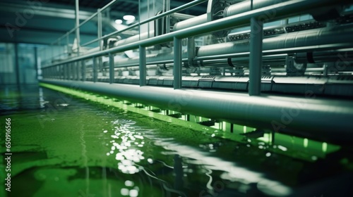 Closeup shot of a tingedge wastewater treatment system, designed to recycle and purify the water used in algae cultivation. The system includes multiple filtration stages and monitoring