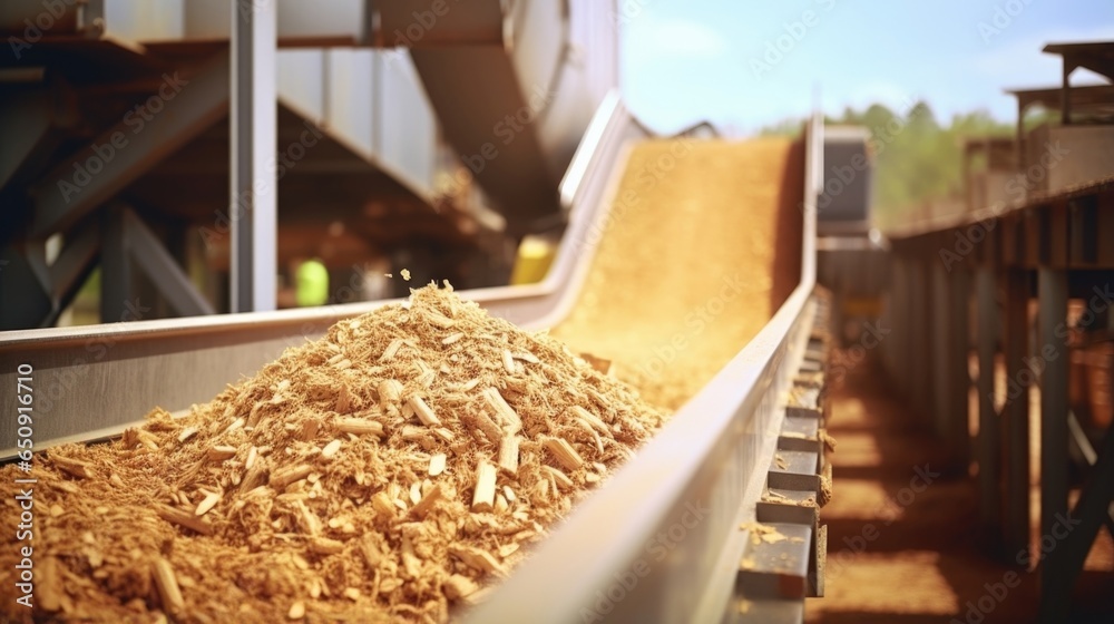 A closeup shot of a conveyor belt system transporting raw biomass materials, including wood chips and agricultural waste, into the processing area of the plant. A closeup shot of a conveyor belt system transporting raw biomass materials, including wood chips and agricultural waste, into the processing area of the plant.
