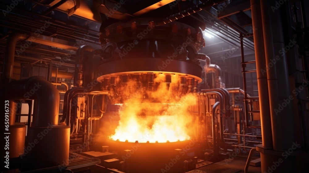 Obraz premium A detailed view of a tingedge plasma gasification furnace, employed in the plant to efficiently convert noncombustible waste biomass, such as agricultural residues or municipal solid waste,