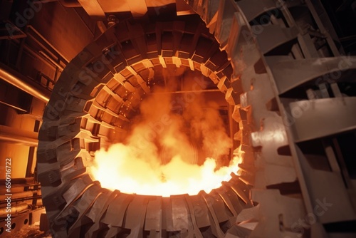 A closeup view of a biomass combustion chamber inside the plant. The chamber is a massive cylindrical structure surrounded by refractory bricks. Flames engulf the biomass, releasing intense