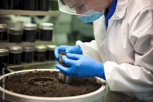 Closeup of a technician carefully inserting a soil sample into a tingedge microbial reactor, where certain species of bacteria break down organic waste into valuable biofuels, contributing photo