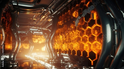 Detailed shot of a sophisticated catalyst chamber, with intricate honeycomblike structures designed to facilitate the conversion of carbon dioxide into useful chemicals during the production