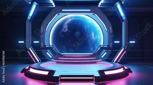 3D illustration of sci-fi product podium showcase in empty spaceship room with blue earth background. Blue and pink neon color tone.