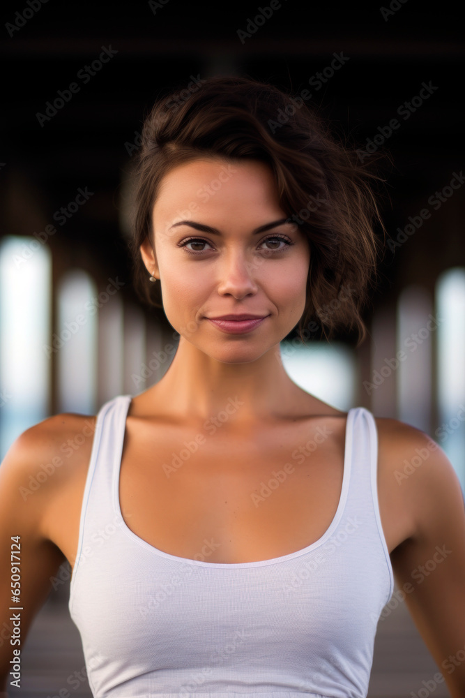 Australian woman in a white tee, looking at the camera, against a blurred beach boardwalk. Australian woman in a white tee, looking at the camera, against a blurred beach boardwalk.