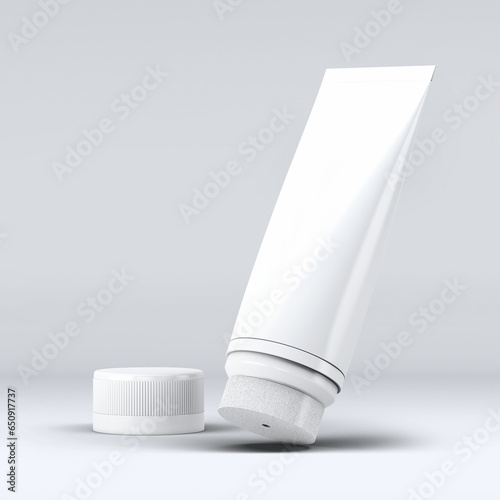 Blank plastic tube mockup for cosmetics with cap. Front view. illustration isolated on white background. 3D illustration, 3D rendering.
