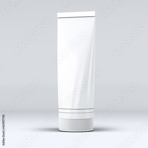 Blank plastic tube mockup for cosmetics with cap. Front view. illustration isolated on white background. 3D illustration, 3D rendering.
