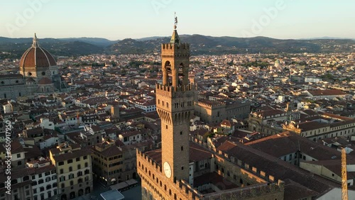 Florence city skyline, aerial view at sunset, Palazzo Vecchio, Cathedral of Saint Mary of the Flower, Tuscany, Italy