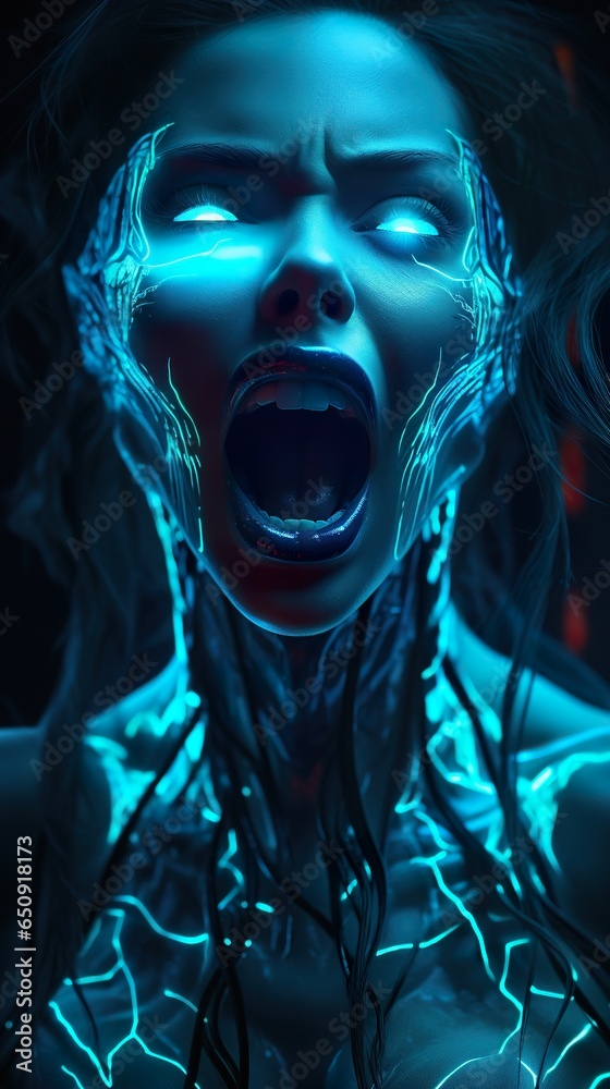 Fototapeta premium screaming woman portrait, female in despair and anger, in style of neon blue