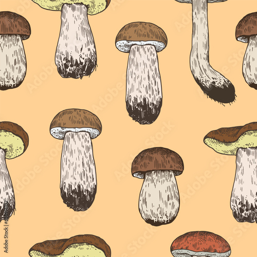 Seamless pattern with mushrooms in retro engraving style. Vintage hand-drawn print for design and textile.