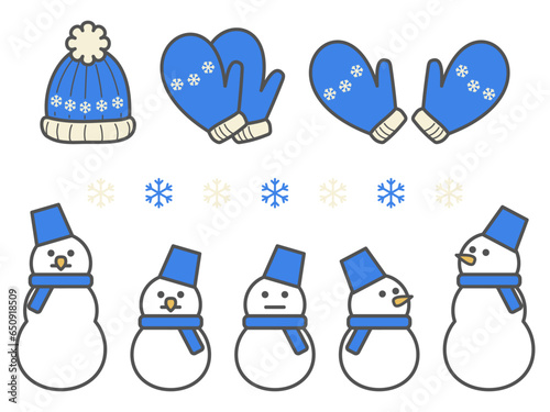 いろんな手袋と雪だるまのかわいい冬の主線ありイラストセット
