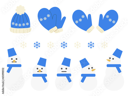 いろんな手袋と雪だるまのかわいい冬のフラットイラストセット

