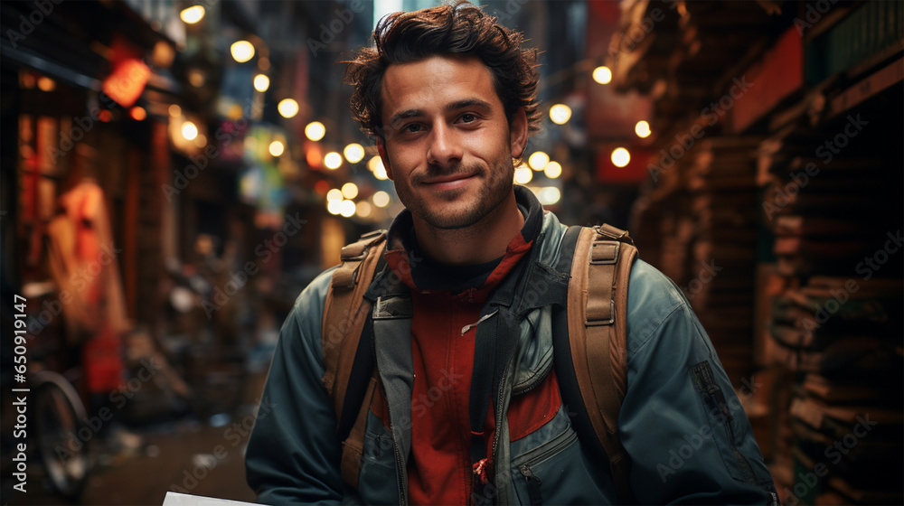 young handsome man in a jacket with a backpack on a city background. 
