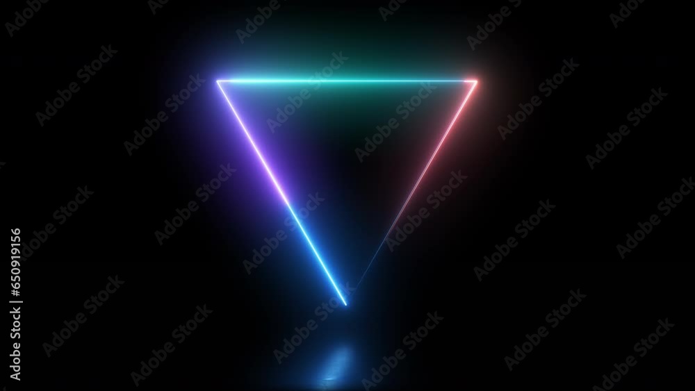 Neon glowing triangle animation with colorful laser beams on black background. Seamless loop