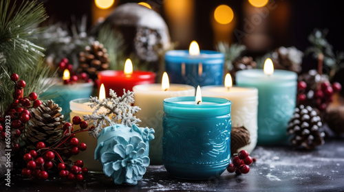 burning candles with winter decorations