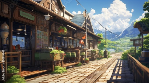a beautiful japanese village city town in the morning. railway station with shop. anime comics artstyle. cozy lofi asian architecture. 16:9 4k resolution. Generative AI