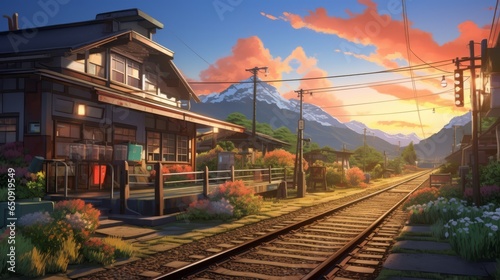 a beautiful japanese village city town at sunset. railway station with shop. anime comics artstyle. cozy lofi asian architecture. 16:9 4k resolution. Generative AI