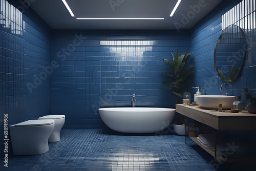 Modern bathroom with bath up  white ceramic sink and blue tiled walls