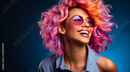 Happy young woman with colored hair laughs with glasses