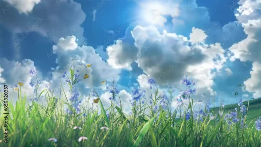 grass and blue sky flowers in the field  animated background in Japanese anime watercolor painting illustration style. seamless looping video animated background