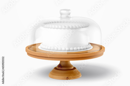 Elegant cloche with a glass dome on a stand for baking, cakes, desserts. Watercolor illustration. Vintage hand drawn art isolated on a white background. 3D illustration, 3D rendering.