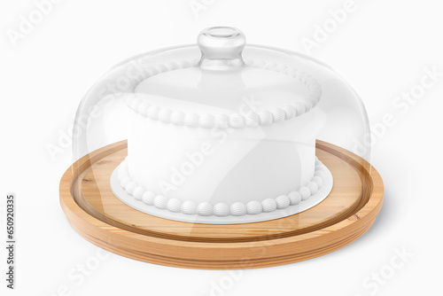 Elegant cloche with a glass dome on a stand for baking, cakes, desserts. Watercolor illustration. Vintage hand drawn art isolated on a white background. 3D illustration, 3D rendering.