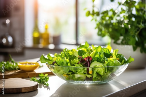 Full bowl of fresh green salad on the table in the kitchen