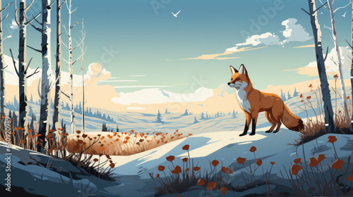 Illustration of an orange fox in the snow in winter