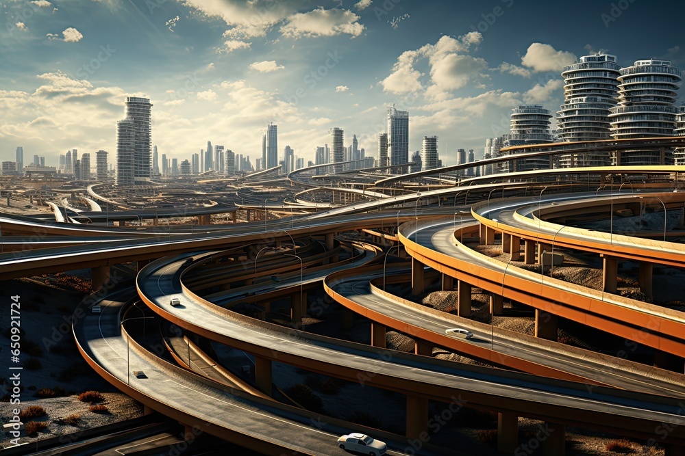 futuristic city, highway design, empty streets and many ramps