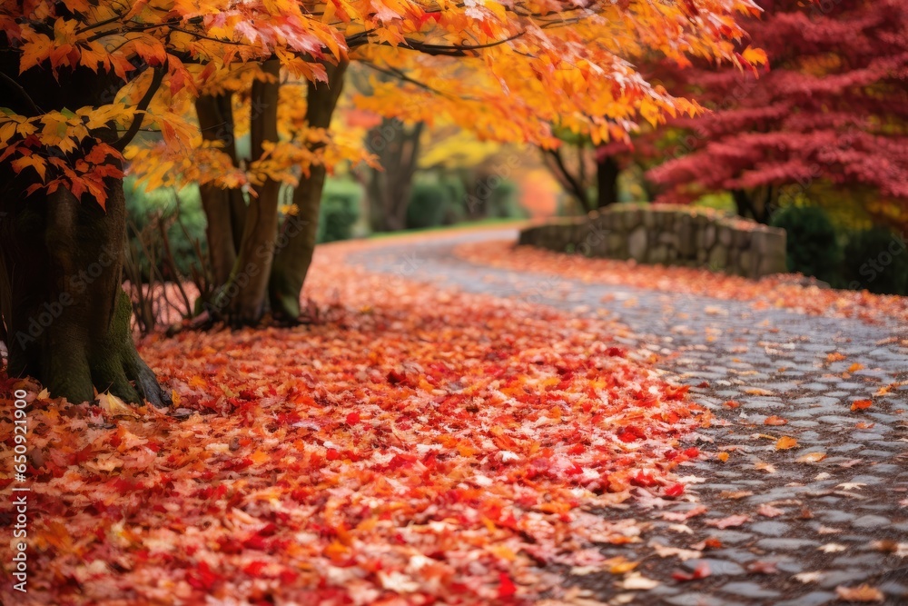 beautiful red and yellow leaves on the path