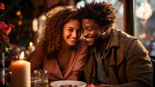 Joyful Afro-Latin Couple Celebrating a Special Occasion at a Restaurant