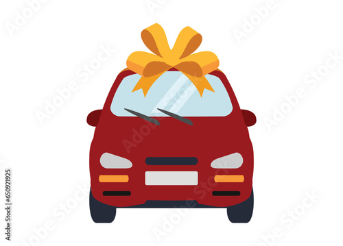 Car prize. A red car tied with yellow gift ribbon. Simple illustration.