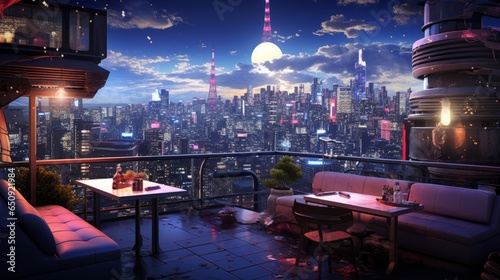 wallpaper illustration of a night cityscape in anime neo crisp cyberpunk style. neon flat colors. nightsky with big shiny moon and clouds with skyscrapers. hotel balcony view. 16:9 Generative AI