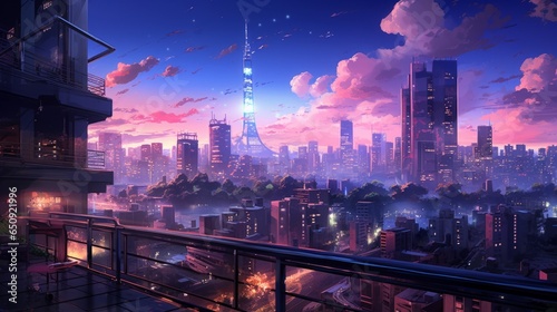 illustration of a night cityscape in anime neo crisp cyberpunk style. neon flat colors. nightsky with big shiny moon and clouds with skyscrapers. desktop wallpaper background. 16:9 Generative AI