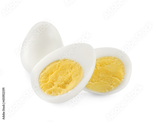 Peeled hard boiled quail eggs on white background