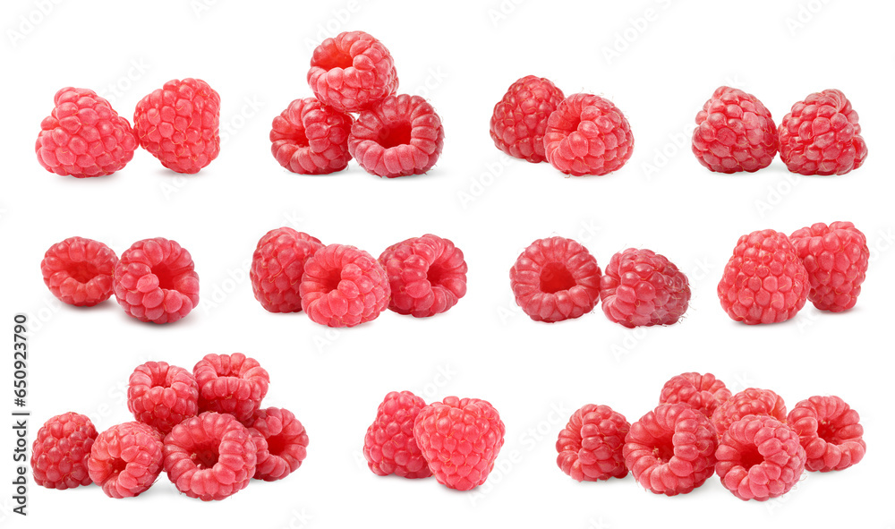 Set with fresh ripe raspberries isolated on white Set with fresh ripe raspberries isolated on white