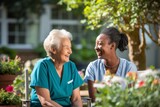 A nurse and a patient engaged in a cheerful conversation in the hospital garden, creating a warm and friendly atmosphere
