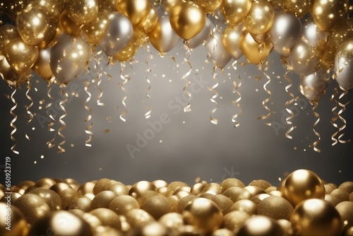 Holiday celebration background with golden metallic balloons, gold sparkles confetti and ribbons