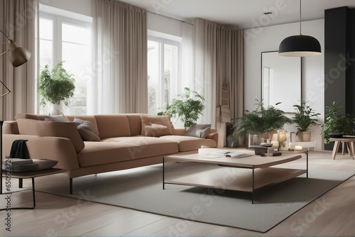 Interior design of modern scandinavian apartment living room 3d rendering