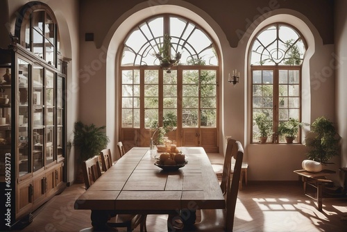 Traditional Spanish interior design of kitchen with arched windows and door wooden dining table