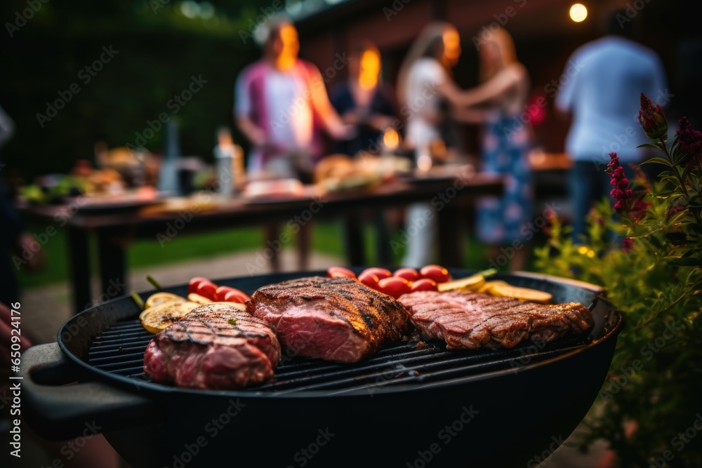Various meats and vegetables getting grilled on a backyard grill during a barbeque party