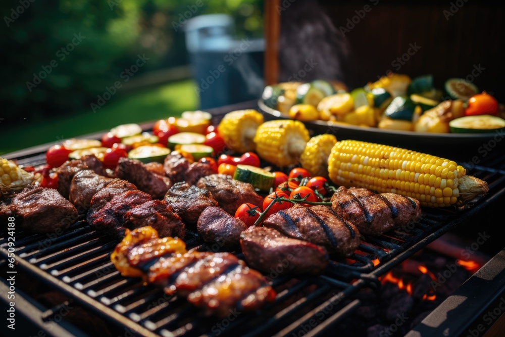 Various meats and vegetables getting grilled on a backyard grill during a barbeque party