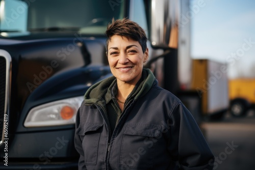 Leinwand Poster Smiling portrait of a caucasian female trucker working for a trucking company