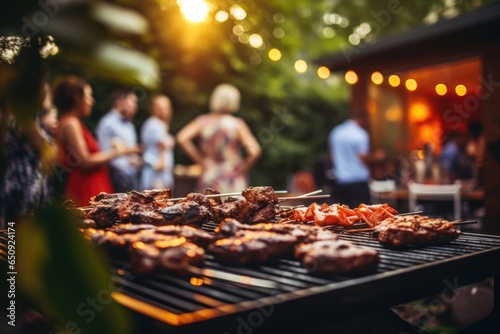 Various meats and vegetables getting grilled on a backyard grill during a barbeque party photo