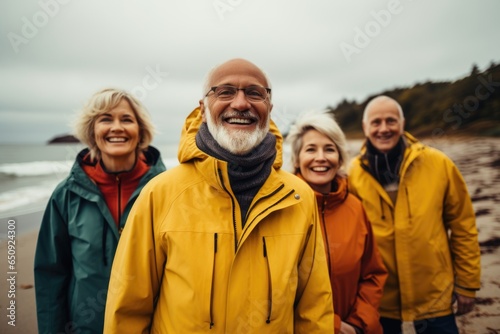 Diverse group of senior friends on a beach during winter and rain smiling © Geber86