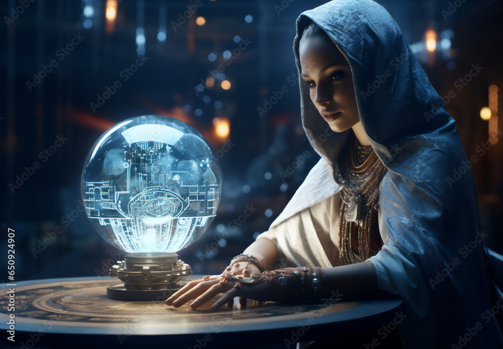 A beautiful female android in a white robe reads the future in a holographic crystal ball on a table. Cinematic scene of sci-fi divination. - obrazy, fototapety, plakaty 