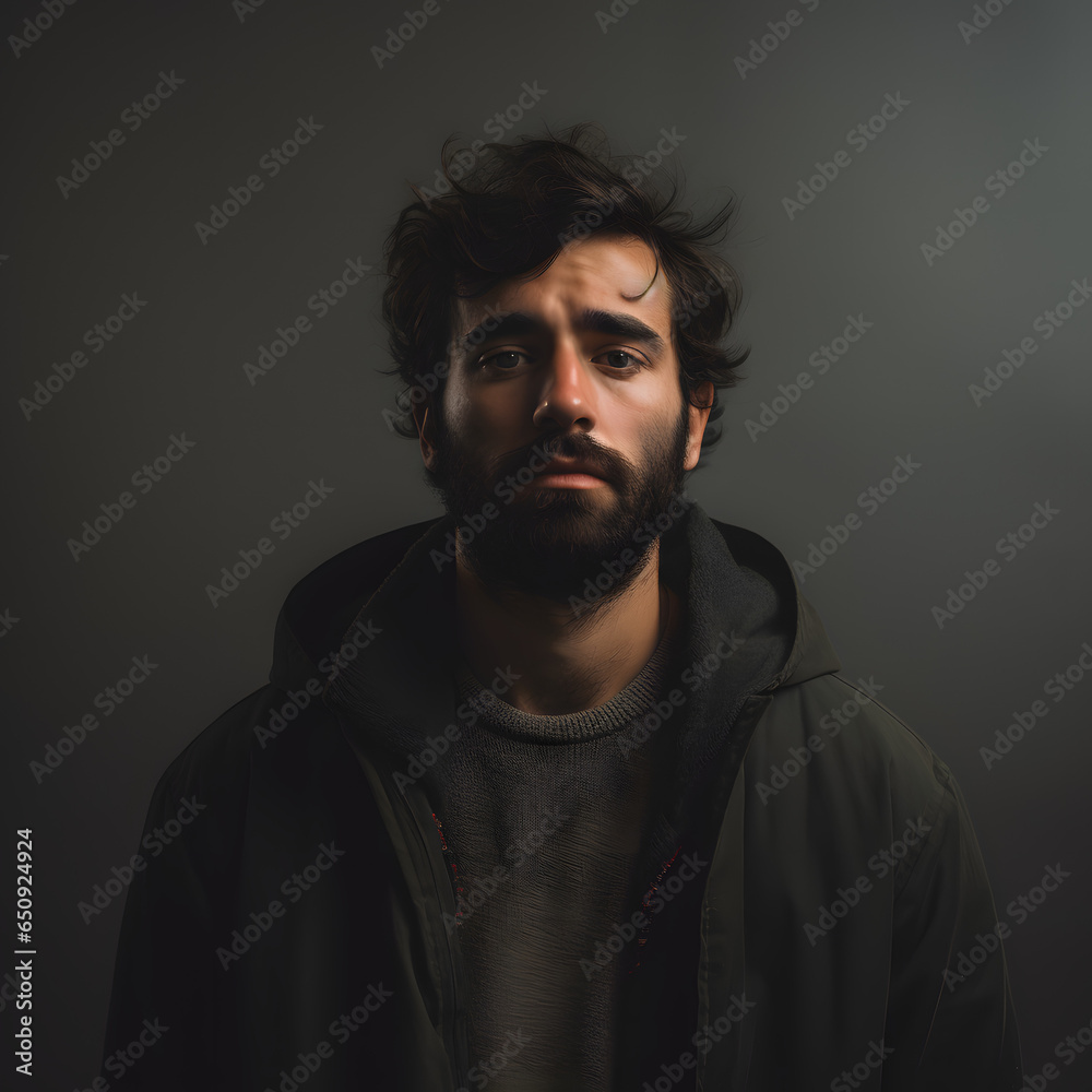 Fototapeta premium Portrait of handsome guy man on a dark and black background with dark clothes