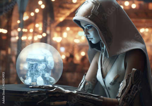 A young cyborg woman with a white hood and a crystal ball looks at the technological future through the hologram of a robot. Shaman with artificial intelligence and a cybernetic arm photo