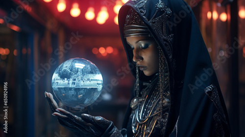 A dark witch dressed in black with closed eyes in a fair booth with red bulbs, reading the future in a futuristic crystal ball. A gypsy fortune-teller with ancient magical powers.