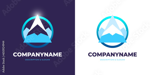 Blue bright logo with circle and three mountains in center, vector design